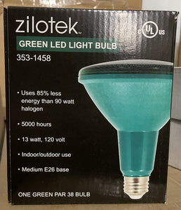 1 case of 12 Zilotek GREEN LED light bulbs 353-1458, 13W, 120v, Indoor/Outdoor, E26 base