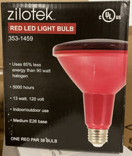 Load image into Gallery viewer, 1 case of 12 Zilotek RED LED light bulbs 353-1459, 13W, 120v, Indoor/Outdoor, E26 base