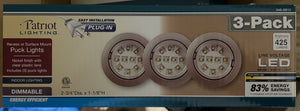 4pks of 3ea Patriot Lighting LED Puck Lights Nickle Finish, 2.75" recessed or surface mount, 120V Plug In type