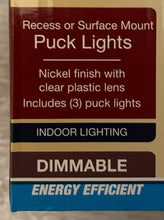 Load image into Gallery viewer, 4pks of 3ea Patriot Lighting LED Puck Lights Nickle Finish, 2.75&quot; recessed or surface mount, 120V Plug In type
