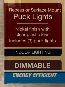 4pks of 3ea Patriot Lighting LED Puck Lights Nickle Finish, 2.75" recessed or surface mount, 120V Plug In type