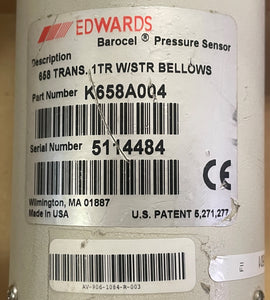 Edwards Barocel Pressure Sensor 658 Trans 1TR W/STR Bellowsa ows K658A004 5114484