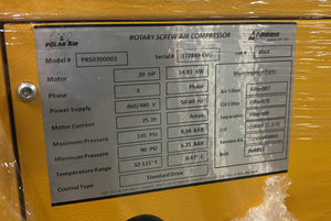 Eaton Polar Air Rotary Screw 2 Stage Piston Air Compressor PRS0200003 20HP, 3Ph, 14.91KW