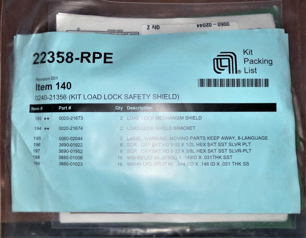 AMAT 0240-21356 KIT LOAD LOCK SAFETY SHIELD Item 140 22358-RPE